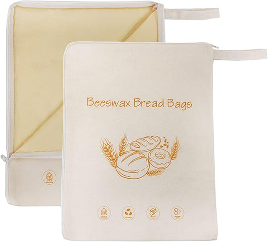 Lorine Beeswax Lining Bread Bags, Reusable Bread Bags for Homemade & Sourdough Bread, Large capacity 13 * 17'', Moisture Lock with Zip for Bread Freshness with Sealing (2 PCS)