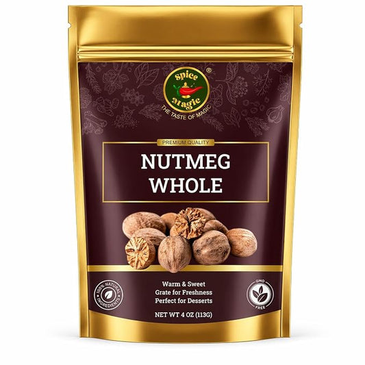 Spice Magic Whole Nutmeg 4 oz, Jaiphal Nuez Moscada – 100% Pure Natural Nutmeg Seeds for Grating, Non-GMO Gluten Free, for Baking, Cooking, Coffee, Tea, Hot Chocolate, Eggnog & Desserts
