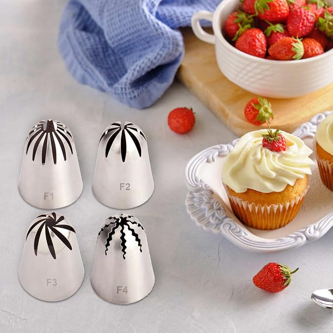 Large Cookie Piping Tips Set, 4 Stainless Steel Multi-Tooth Nozzles for Cake Decorating, Reusable Icing Tips for Cookies, Cupcakes, Korean Buttercream Flowers, Baking Supplies