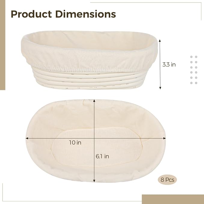 8 Pcs Banneton Bread Proofing Baskets, 10" Oval Sourdough Baking Bowls with Removable Cloth Liners, Rattan Bread Baskets for Even Fermentation, Ideal for Beginners and Pros
