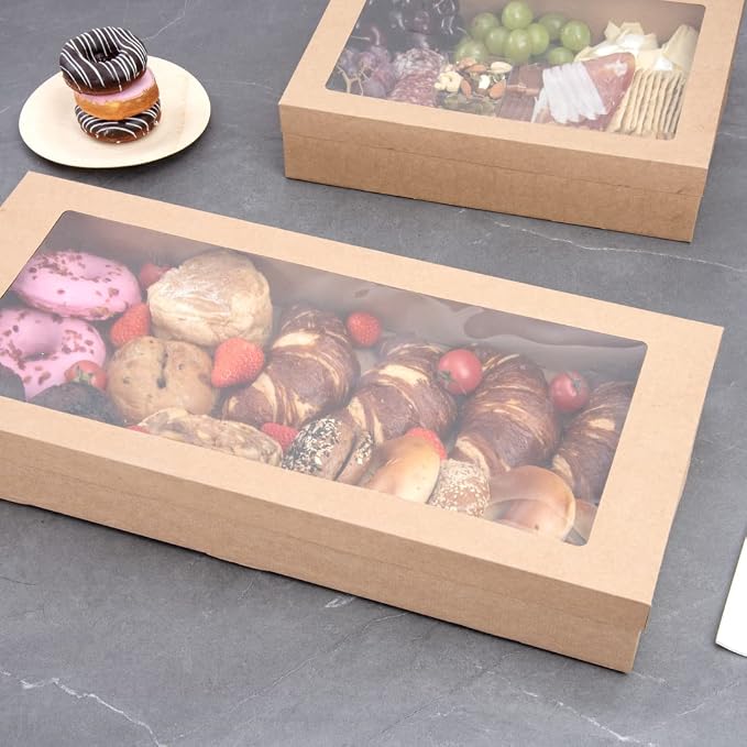 Restaurantware Cater Tek 22.2 x 10 x 3.2 Inch Catering Boxes 100 Insert Tab Lock Baked Goods Boxes - Window Lids Easy Assembly Kraft Paper Window Pastry Boxes For Charcuterie Or Cupcakes