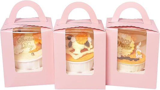 Bakepacker Auto-pop up Individual Cupcake Boxes with Window 60 Count Pink Single Cupcakes Box 3.7 x 3.7 x 4.3inch Cupcake Carrier