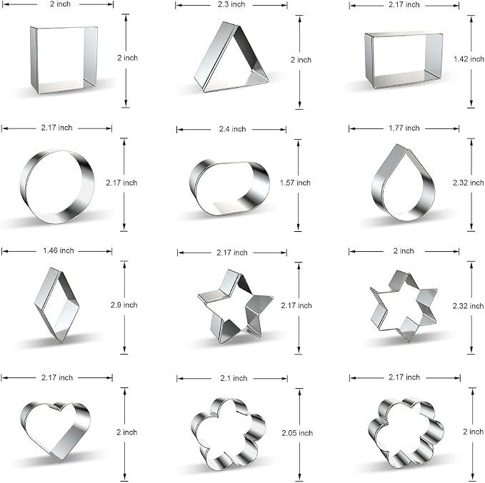 Geometric Classic Shapes Cookie Cutter Set of 12 - Heart, Flower, Star, Circle, Square, Triangle, Rectangle, Oval, Teardrop, Diamond, Star of David Shaped Cookie Cutters Biscuit Mold - Stainless Steel