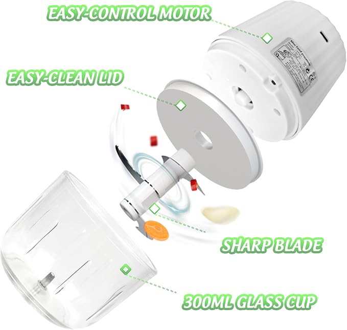 Mini Electric Garlic Chopper 300ML GLASS Food Processor Cordless | Type-C Rechargeable Mincer for Vegetables Puree, Stainless Steel Blades, BPA Free, with Scraper Splash Guard Charging Cord