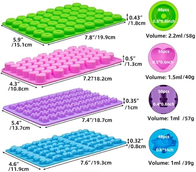 Limen 8Pcs Silicone Candy Mould Set with 2 Droppers, 4 Shapes Flexible Non-Stick Gummy Chocolate Trays for Dinosaur Bear Heart Donut Cookies Treats