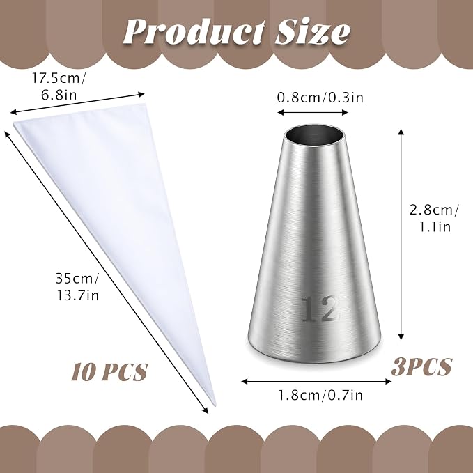 Piping Bags and Tips, 3 Pcs #12 Stainless Steel Icing Tips with 10 Bags Cupcake Piping Kit Frosting Bags and Tips for Macarons Cupcakes Cookie Pastrys Dough