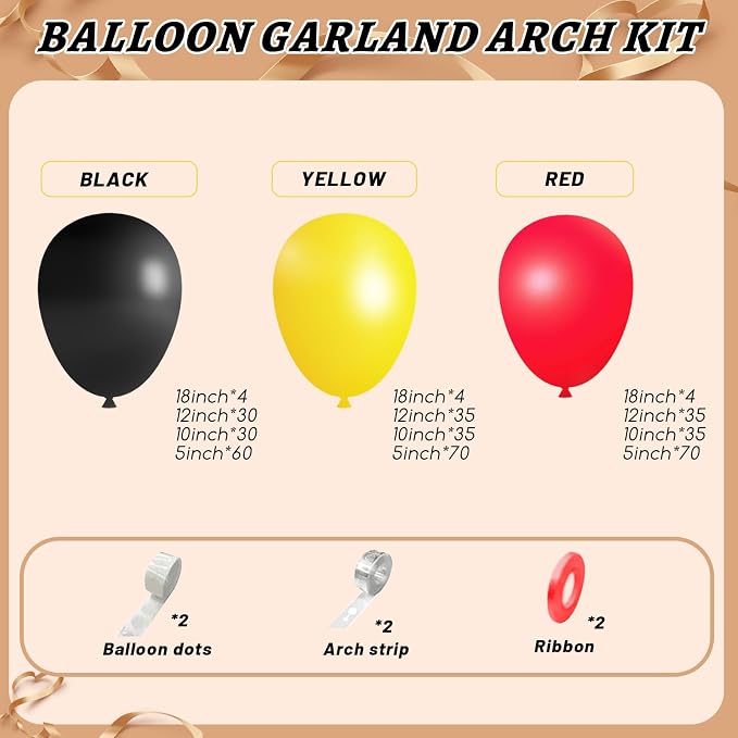 412Pcs Red Yellow Black Balloon Garland Arch Kit,18 12 10 5 Different Sizes Latex Party Balloons for Baby Shower Wedding Graduation Cartoon Game Theme Birthday Party Decorations