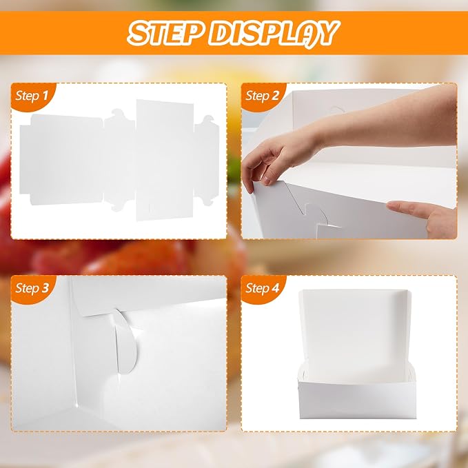 Ireer 50 Pack 14 x 10 x 3.5 Inch White Cake Boxes Cardboard Bakery Boxes for Pie Pastry Cookie
