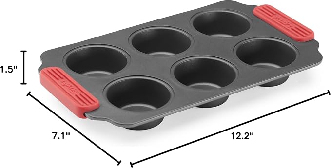 Lékué Non-Stick 6 Hole Muffin Mold - Carbon Steel Oven Baking Pan with Platinum Silicone Handles, Even Heat, Dual Non-Stick Ceramic Coating, Scratch Resistant, PFOA & PFA-Free, 12.2 x 7.1 x 1.5"