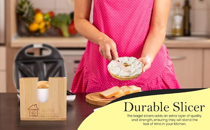 Bamboo Bagel Slicer w/Two Plastic Inserts & Non-Slip Silicone Pad - Adjustable Cutter Holder for Small & Large Bagels - Moisture Resistant & Thick Base