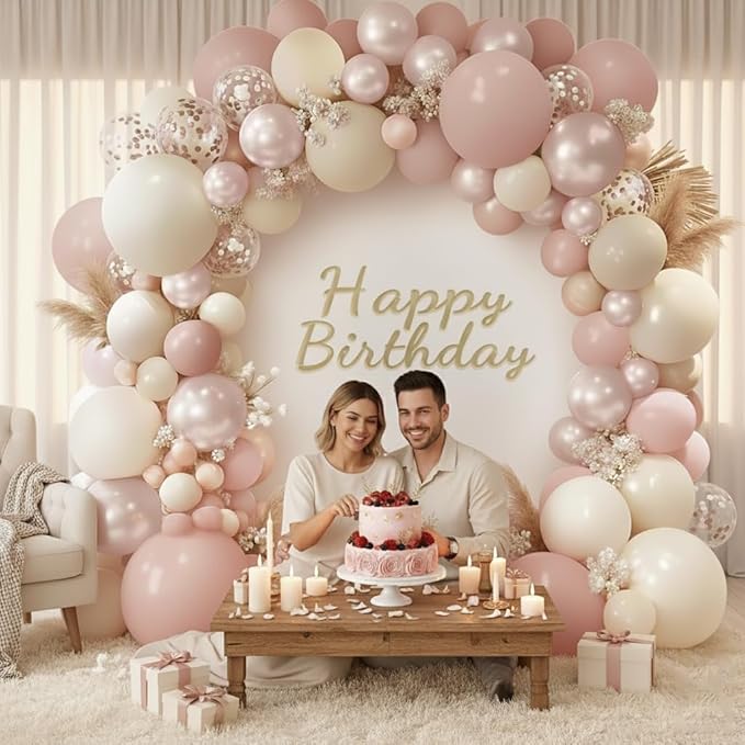 Boho Dusty Pink Balloon Arch Garland Kit 153pcs, Double Stuffed White Pearl Balloon Blush Neutral Pink Balloons Arch Kit for Birthday Wedding Bridal Baby Shower Gender Reveal Party Decoration
