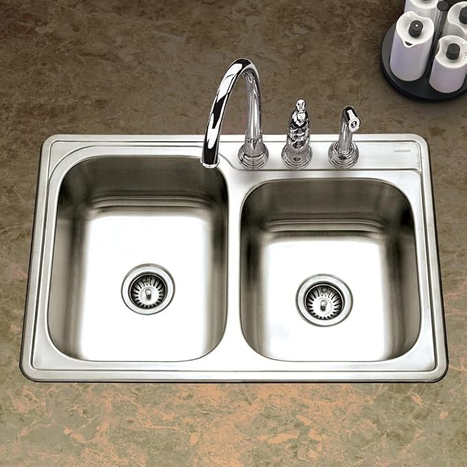 Houzer ISL-3322BS3-1 Glowtone Stainless Steel Kitchen Sink, Topmount, 60/40 Double Bowl Kitchen Sink, 3-hole, Cabinet Compatibility, Satin Finish