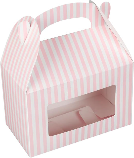 Bio Tek 8.5 x 4.8 x 5.5 Inch Gable Boxes For Party Favors, 25 Attractive Gift Boxes - Striped Design, With Clear PET Window, Pink And White Paper Barn Boxes, Built-In Handle