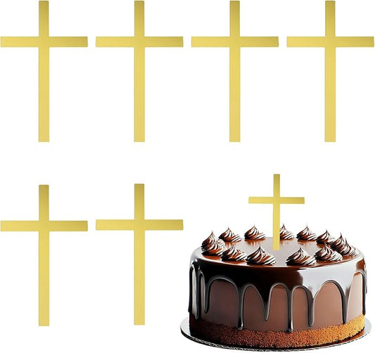 ONLYKXY 6pcs Gold Big Cross Cake Side Decor Acrylic Cross Cupcake Topper Glitter Pick for Theme Party Craft DIY,Bless,Wedding, Bridal Shower,Christmas,Hallowmas,Birthday Baptism,3.14x5.5in