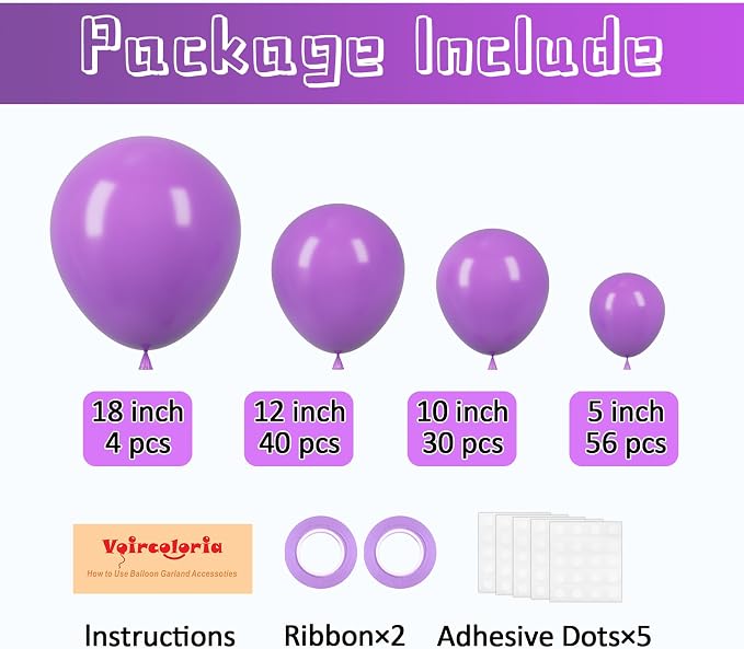 Voircoloria 130pcs Purple Balloons Different Sizes 18" 12" 10" 5" Party Latex Balloons for Birthday Baby Shower Halloween Wedding Valentine's Day Party Bachelorette Decorations