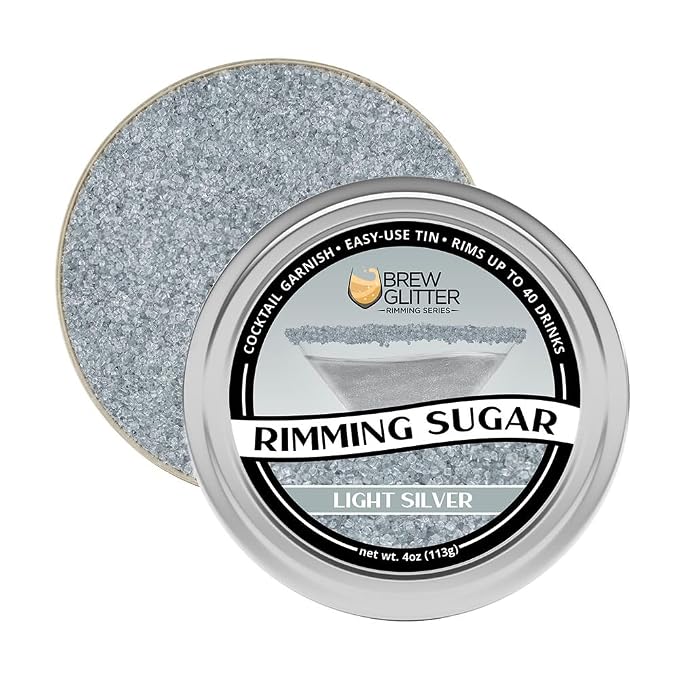 Brew Glitter - Light Silver Rimming Sugar (4oz, 1x Bar Tin) Cocktail Garnish for Mixed Drinks & Refreshments