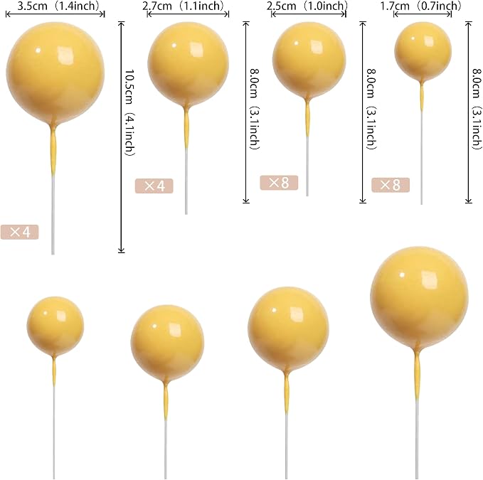 24 PCS Ball Cake Toppers Balls Cupcake Toppers Insert Foam Ball Shaped Cake Picks Mini Balloon Cake Decoration for Wedding Anniversary Baby Shower Birthday Party Cake Decorations Supplies Yellow