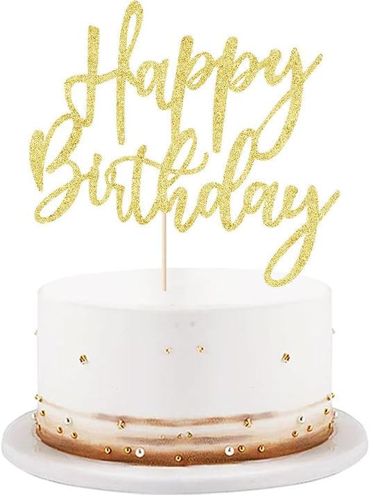 LVEUD Glitter Happy Birthday Cake Topper, Cake Decoration Suitable For Party Decoration - Anniversary/Birthday (Golden)
