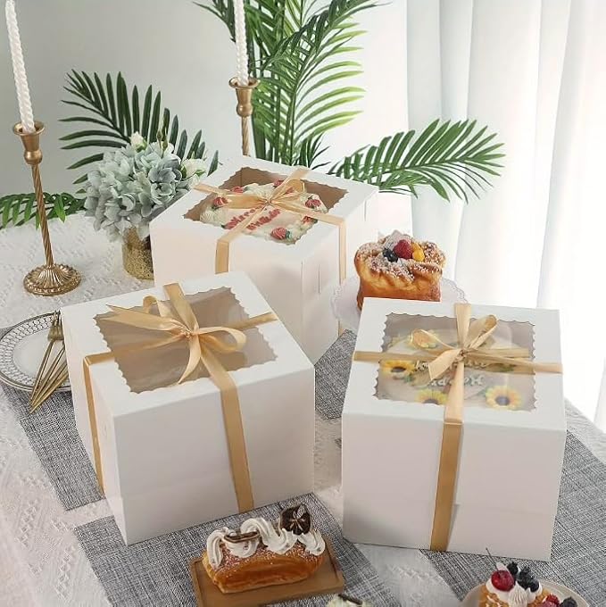 10 Pack Cake Boxes,Tall Cake Box with Window, White Bakery Boxes, 8x8x8 Inch Large Baking Boxes with Sticker, Cardboard Cake Box for Multi-Layer Cakes, Cake Decorating Supplies for Gift Giving