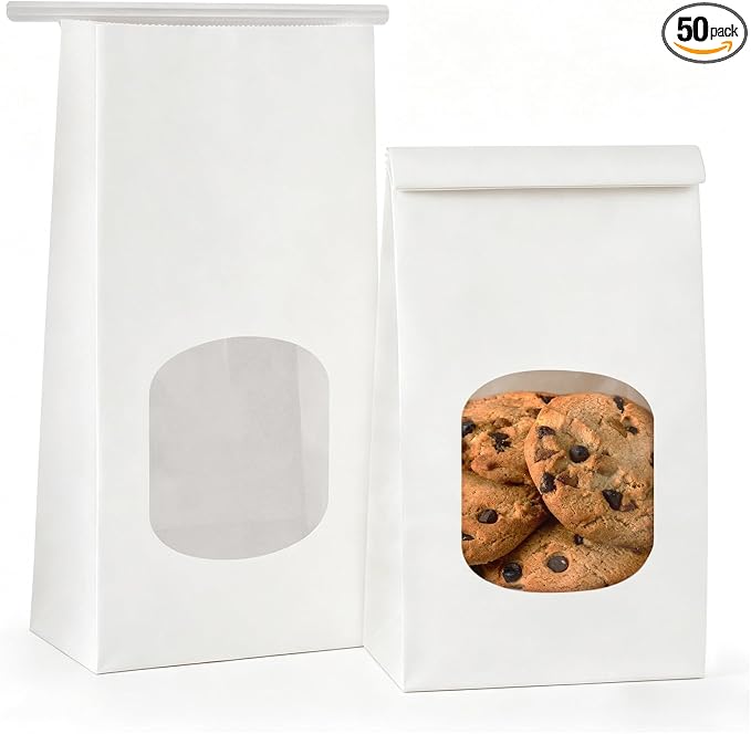 50 Pack Bakery Bags with Window, 3.9x2.3x8.2 Inches Tin Tie Tab Paper Cookie Bags White Small Gift Bag for Packaging Popcorn, Trail Mix, Treats, Snacks, Baked Goods, Party Favors | Grease Resistant