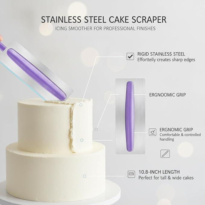 Wedding and Birthday Cake Decorating, Metal Icing Smoother Scraper, 10.8 Inch Rigid Blade for Smooth Frosting (1 Piece)