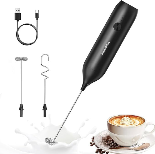 Bonsenkitchen Rechargeable Milk Frother Handheld, Electric Foam Maker with Stainless Steel Whisk, Charging USB-C, Portable Hand Wand Drink Mixer for Coffee Matcha Lattes Cappuccino, Kitchen Gifts