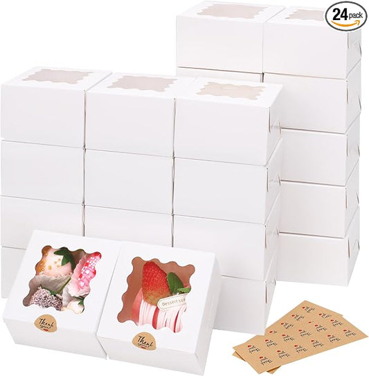 Moretoes 24pcs White Cookie Boxes, 4x4x2.5 Inches Small Bakery Boxes with Stickers for Small Cookies, Treats, Desserts, Chocolate Covered Strawberries, Mini Cake