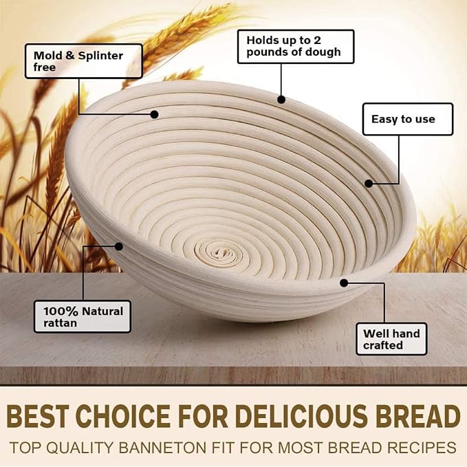 Banneton Bread Proofing Basket 2 pack 9 inch Round Basket with Liner, Bread Proofing Basket Perfect for Professional & Home Sourdough Bread Baking, Artisan Sourdough Bread (Set of 2 pack 9" Round)