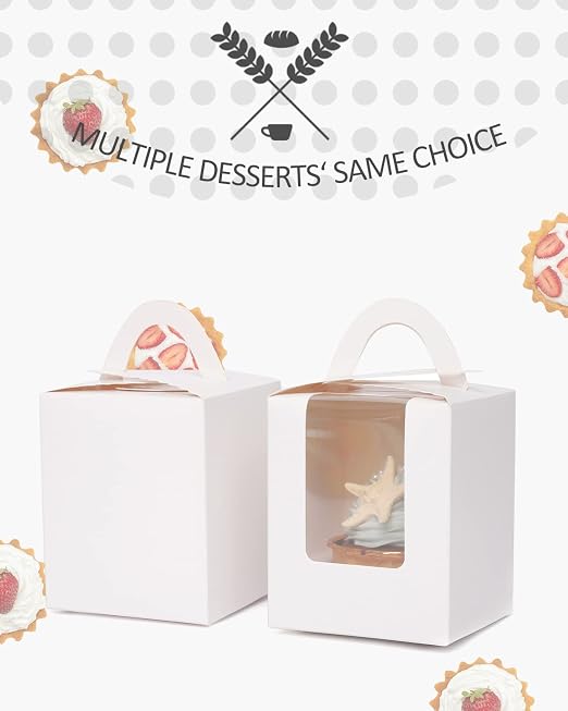 qiqee Auto-pop White Cupcake Boxes Individual Disposable 3.7x3.7x4.5inch 100pcs Cupcake Disposable Single Box with Window