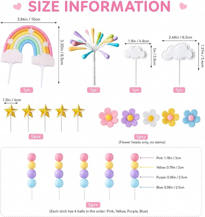 34Pcs Rainbow Cake Topper, Pastel Rainbow Cake Decorations with Daisy Flower Heads, Cloud, Gold Star, Firework & Ball Toppers for Birthday Cake Cupcake Party Decor
