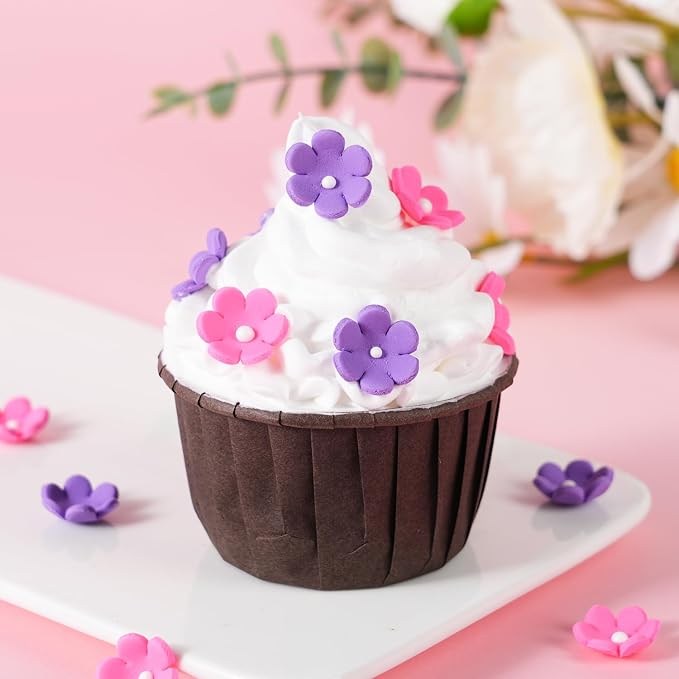 Edible Flowers Cake Decorations 48 Count Pink Purple Blossoms Royal Icing Decorations Daisy Sugar Wedding Flowers for Baking Cupcakes Ice Cream Waffles Cookies Birthday Cake