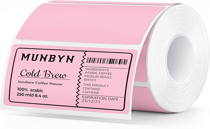 MUNBYN 4” X 2” Direct Thermal Labels, Thermal Printer Stickers, Strong Adhesive & Perforated Labels Paper for Barcode, Mailing, 500 Sheets/1 Roll, Pink