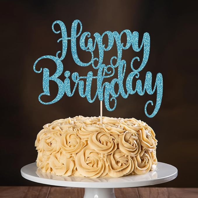 Happy Birthday Cake Topper- Glitter Happy Birthday Cake Decor, Handmade Anniversary/Birthday Party Supplies (Light blue)