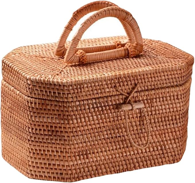 Zerodeko Rattan Storage Box 10.62 Inch Woven Basket Portable Fruit Storage Basket with Lid for Kitchen Dining Home Decor Organizer