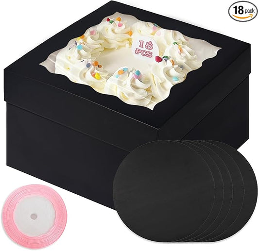 qiqee Black 10x10x8 Cake Box, 18 Sets Cake Box with Window ＆ 18 Sets 10" Cake Round Boards, 10inch Cake Containers, 10 Meters Pink Silk Ribbon Includes