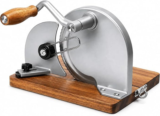 Foldable Manual Bread Slicer, Adjustable Slice, Hand-Cranked Bread Slicer with Ergonomic Handle, Hand Crank Cutter, Durable Aluminum Alloy Body And Sturdy Solid Wood Base-Grey