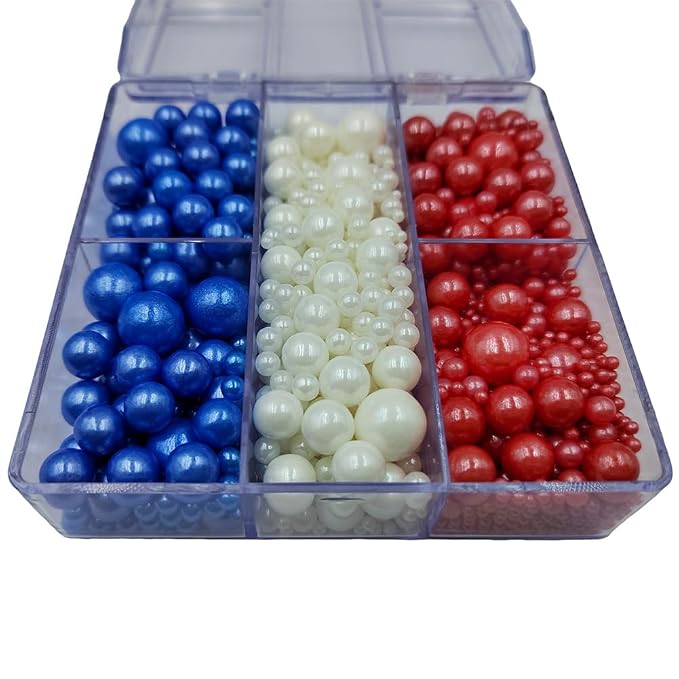 Red White and Blue Pearl Sprinkles for Baking, Patriotic Mix, Edible 4th of July Pearls for Cupcake Topper, Ice Cream, Cookie, Donuts, Cake Decorating (2mm, 4mm, 7mm, 10mm)