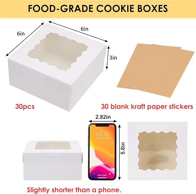 Moretoes 30pcs White Cookie Boxes with Window, 6x6x3 Inches, Bakery Boxes for Cookies, Pastry,Strawberries, Small Pie, Macarons
