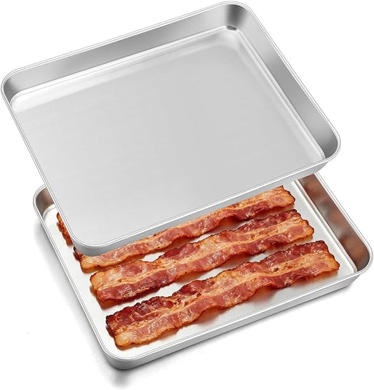 Leonyo 9x7IN Stainless Steel Baking Sheets Set, 2 Pack Stainless Steel Small Sheet Pan for Baking Cookie, Commercial Grade Metal Toaster Oven Tray for Oven, Non Toxic & Dishwasher Safe
