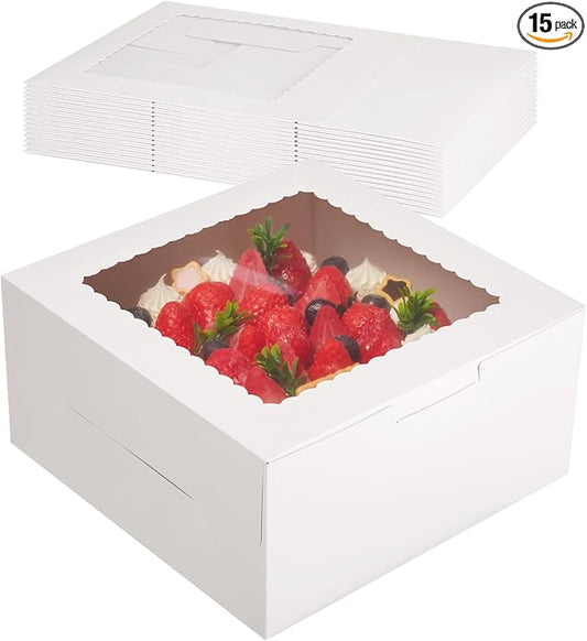 Kootek 15pcs Cake Boxes with Window, 10 x 10 x 5 Inches Bakery Boxes Treat Cookie Dessert Boxes Pastry Box for Cake, Chocolate Covered Strawberries, Cupcakes, Donuts, Baked Goods
