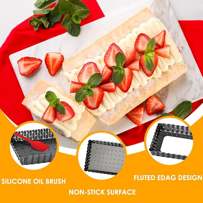 Rectangle Tart Pan with Removable Bottom, 14 Inch Perforated Tart Quiche Pan Nonstick Pie Pan with Oil & Dish Brush, Baking Tray with Loose Bottom for Fluted Pies, Quiche,Tart