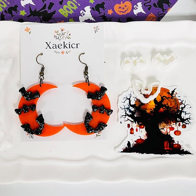 Xaekicr Halloween Moon Bat Polymer Clay Cutters Set – 4pcs Clay Earring Cutters for DIY Polymer Clay Jewelry Making, Clay Tools and Molds for Earrings
