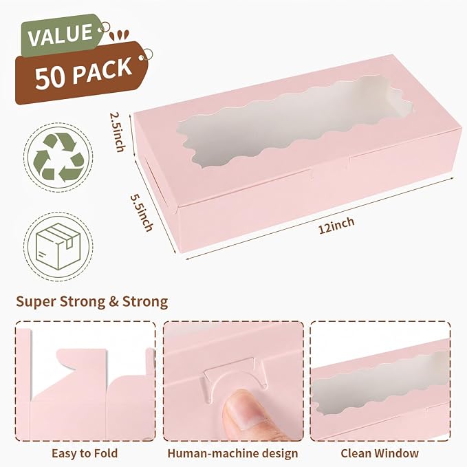 50 pcs Pink Cookie Box,12x5.5x2.5 Inch Bakery Boxes with Window Pies Chocolate Strawberries Muffins Biscuit Pastry Dessert Box For Packaging