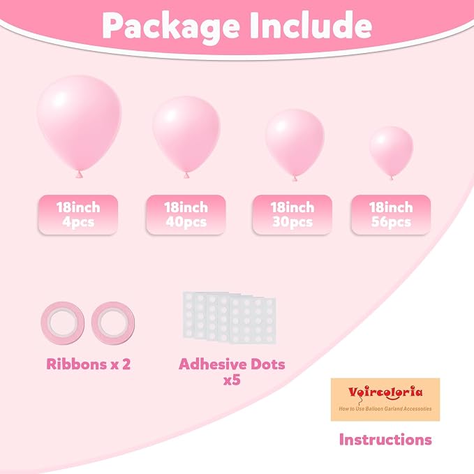 Voircoloria 130pcs Light Pink Balloons Different Sizes 18" 12" 10" 5" Pastel Pink Balloons for Birthday Party, Baby Shower, Wedding, Gender Reveal, Baby Shower, Anniversary Party Decorations