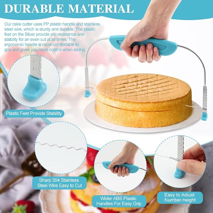 Adjustable Cake Leveler Cutter With 3PCS Cake Scrapers Set,Baking Supplies Tool for Kitchen,Large Size Cake-Cutter Slicer for Leveling,Single Stainless Steel Wire & Plastic Handle(COLOR:Blue)