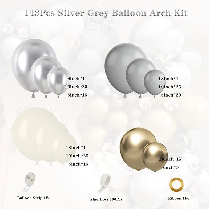 Silver Grey Balloon Garland Arch Kit 143Pcs Sand White Grey Metallic Silver Gold Latex Balloons for Bridal Shower Anniversary Engagement Wedding Birthday Party Decorations