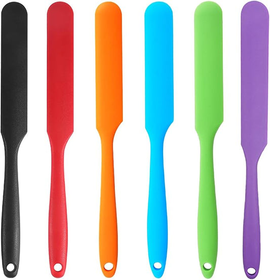 【6 Pack】Silicone Jar Spatula,Cake Cream Butter Spatulas,Icing Spatula,Sourdough Spatula with Long Handle, Jar Scraper Spatula (Black,Red,Orange,Blue,Green,Purple)