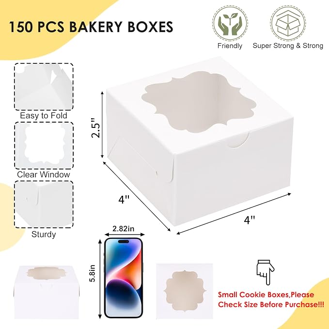 TOMNK 150pcs White Small Cookie Boxes with Window,4x4x2.5 Inch Small Bakery Boxes, 3 Style, Cookie Boxes Bulk for Dessert, Chocolate Strawberries Donuts and Party Favor