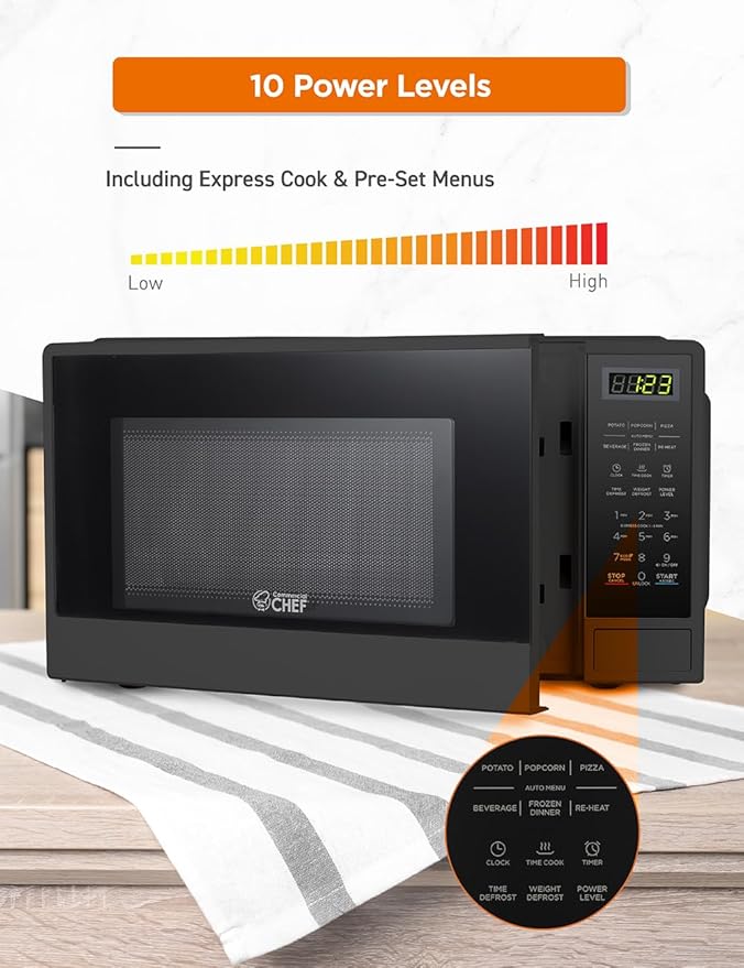 COMMERCIAL CHEF 1.1 Cu Ft Microwave with 10 Power Levels, Small Microwave with Push Button, 1100W with Kitchen Timer, Door Lock, & Digital Controls, Black