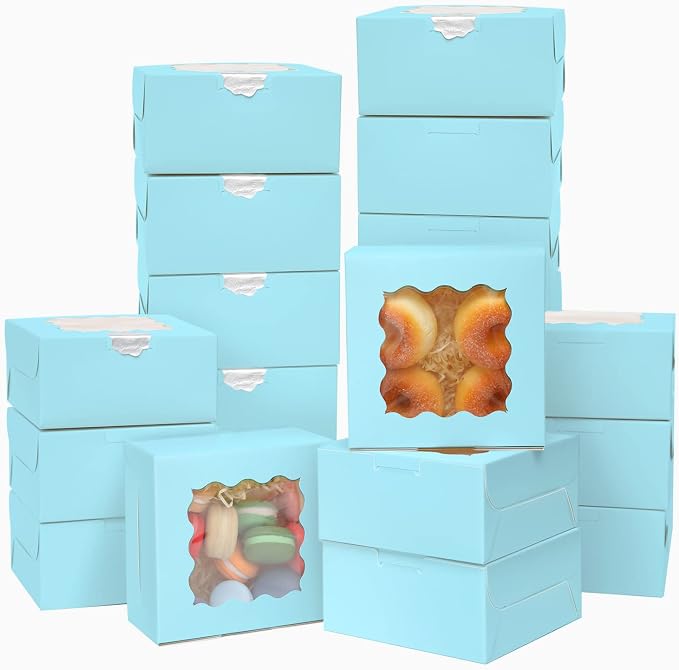 Bakepacker 60pcs Light Blue Bakery Boxes with Window 6x6x3 inches Thick & Sturdy Macaroon Pastry & Cookie Boxes